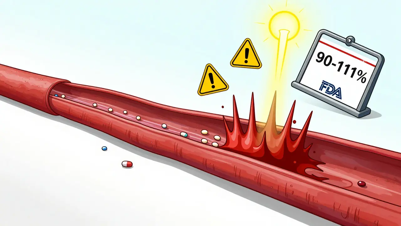Split bloodstream: stable vs erratic drug absorption, with warning icons for serious side effects, FDA target range glowing above.