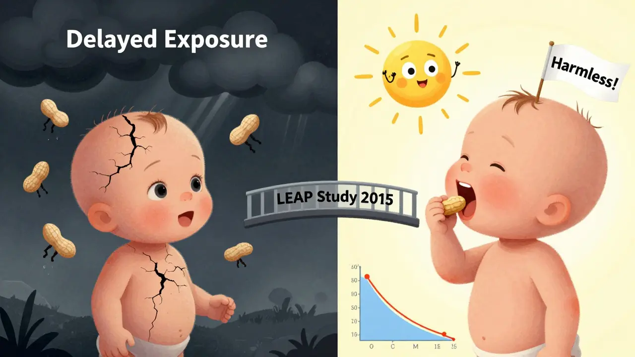 Split scene: peanut entering skin causing allergy vs. entering mouth training immunity, connected by LEAP Study bridge.