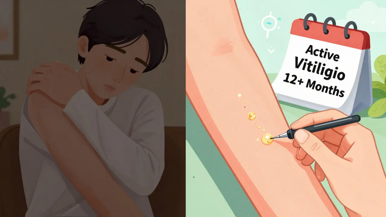 Split scene: person covering arm nervously vs. same person with micropigmentation in sunlight, medical icons in background.