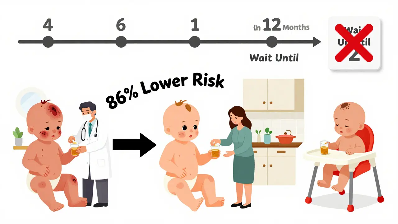 Three babies receiving peanut protein at different risk levels, with a large arrow showing reduced allergy risk.