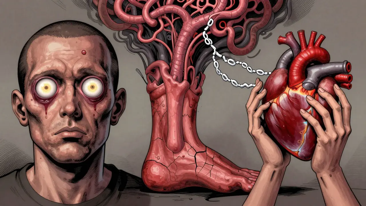 Three surreal portraits representing Graves' eye disease, skin condition, and hyperthyroid symptoms linked by antibody chains.