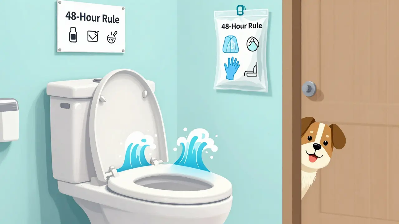 Toilet with lid down and pet kept away, showing 48-hour safety rules in a bathroom.