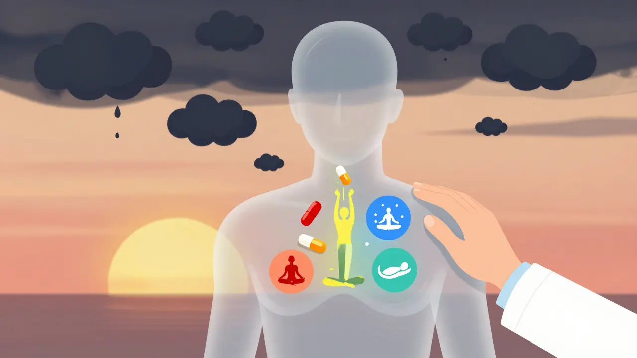 Transparent human body with withdrawal symptoms fading as calming health elements rise upward.