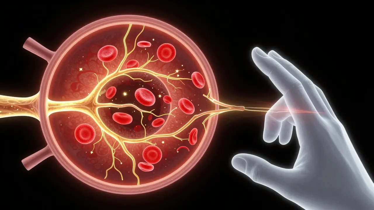3D network of glowing capillaries in the eye, showing layered blood flow from OCT angiography.