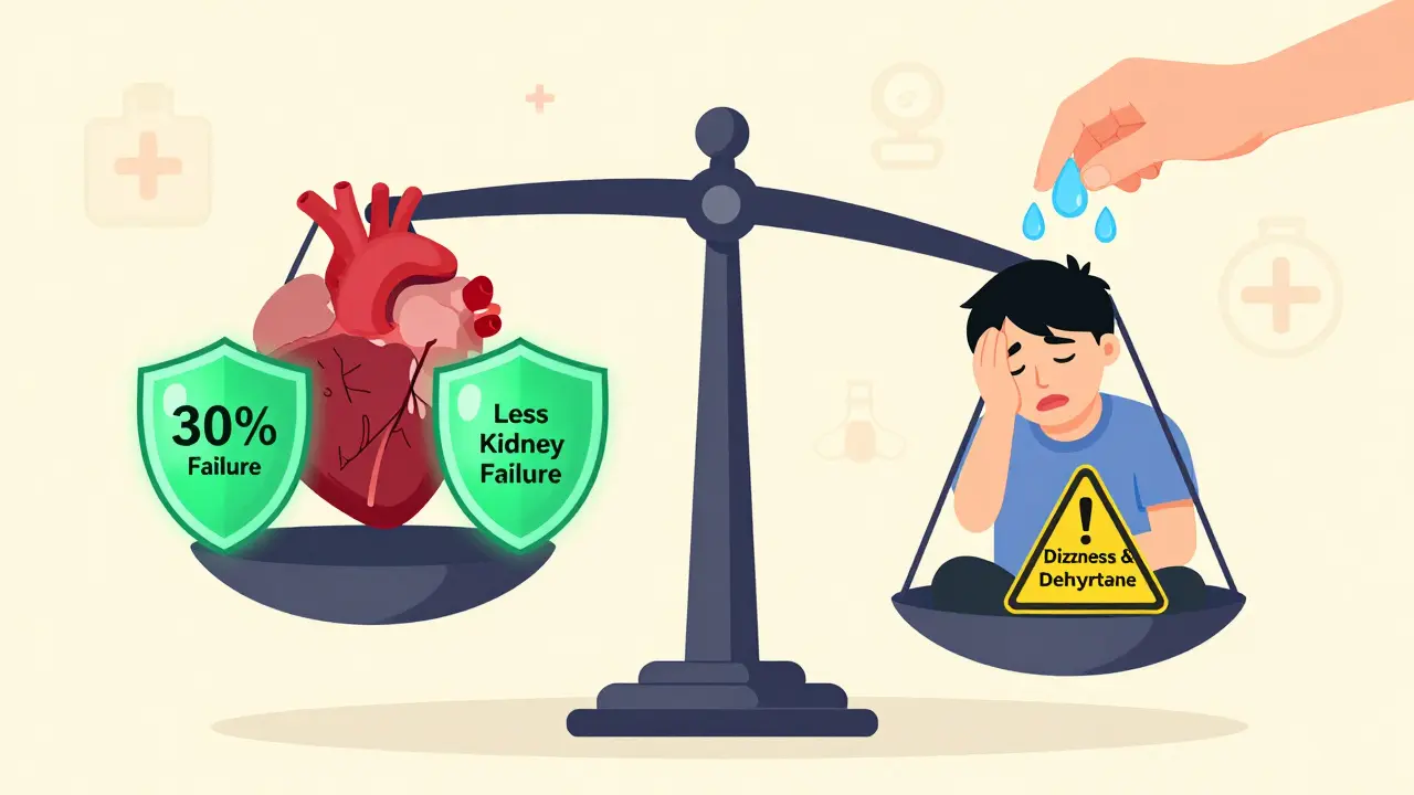 A balanced scale showing kidney and heart benefits versus dehydration and dizziness risks from SGLT2 inhibitors