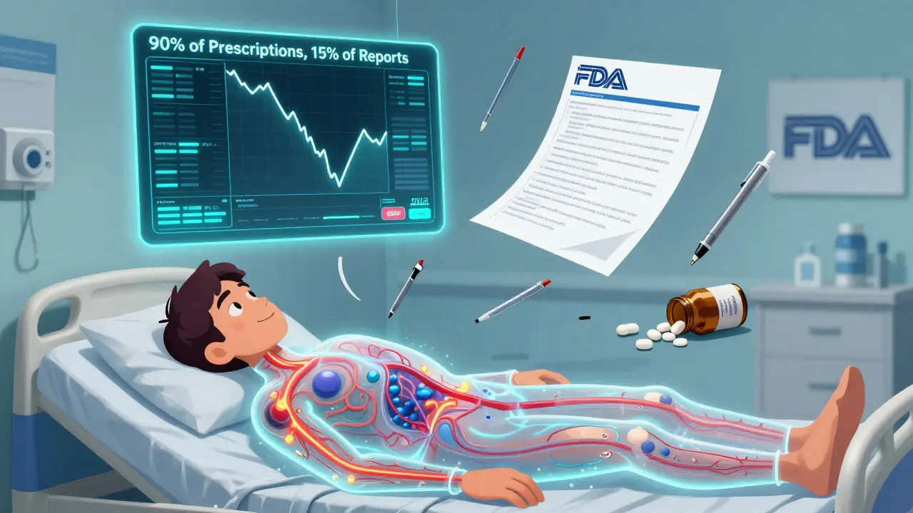A hospitalized patient's body shows a reaction while a data gap dashboard displays low reporting rates, highlighting systemic underreporting.