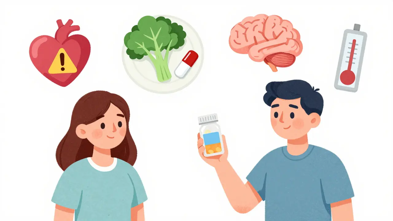 A patient with floating icons showing drug interactions: statin muscle pain, kale affecting warfarin, and targeted cancer therapy.