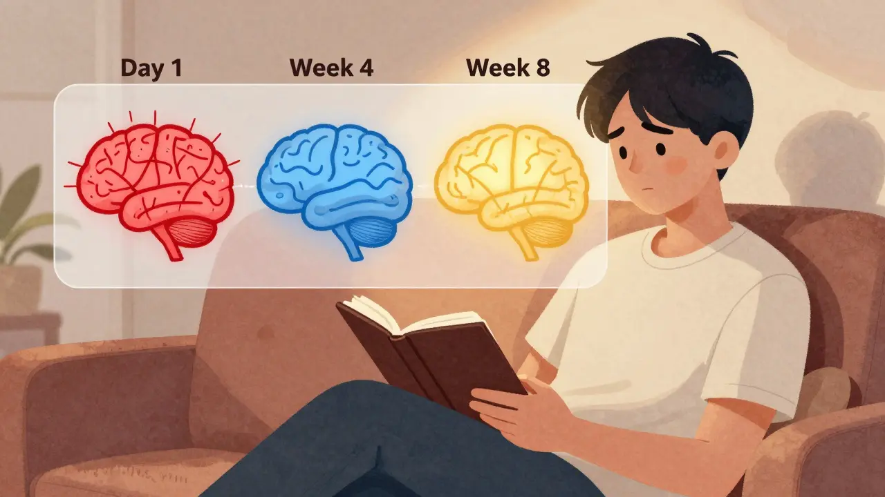 A person journaling as their brain transitions from chaotic side effects to calm stability over 8 weeks of SSRI treatment.