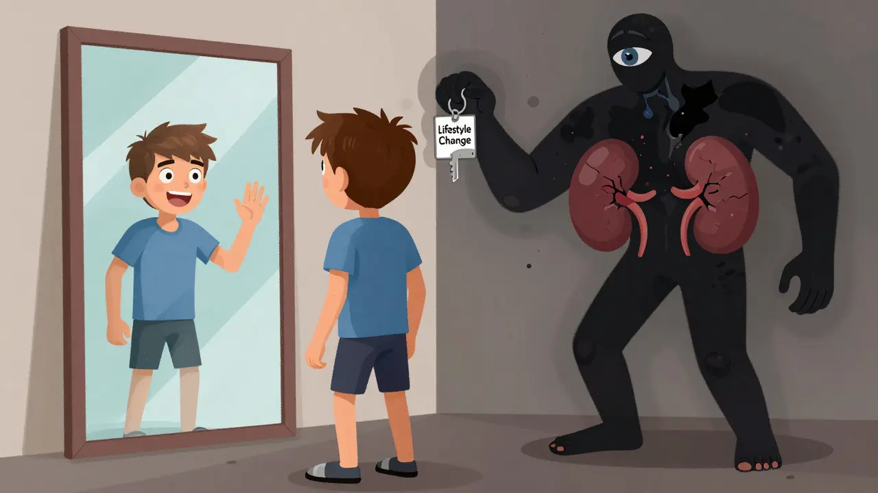 A person sees their healthy younger self in a mirror while a shadowy version of diabetes looms behind, with dark skin patches and damaged organs, holding a key labeled 'Lifestyle Change'.