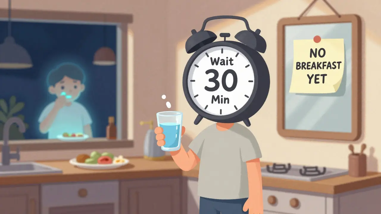 A person standing upright in a kitchen, waiting 30 minutes after taking a bisphosphonate pill with water, while a clock and note remind them not to eat yet.