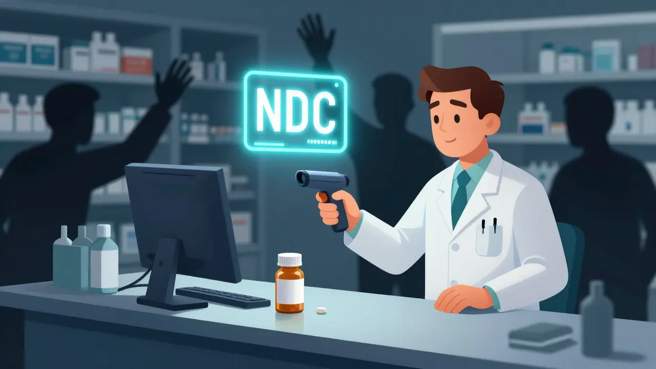 A pharmacist scans a pill bottle as a glowing NDC code floats above it, representing improved tracking of generic drug manufacturers.