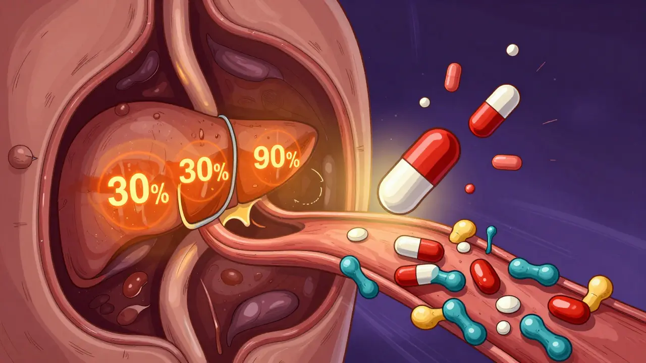 A pill journeying through the body, showing liver metabolism and drug binding to proteins in the bloodstream.
