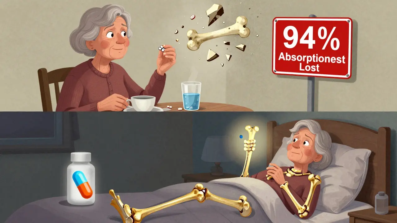 A split illustration contrasting a woman taking pills with breakfast (crumbling bones) versus following the correct routine (strong, glowing bones at night).