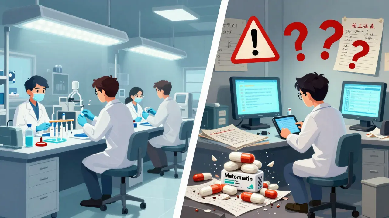 A split scene: a clean U.S. lab tests pure ingredients while a chaotic Chinese facility deletes data and crumbles pills.