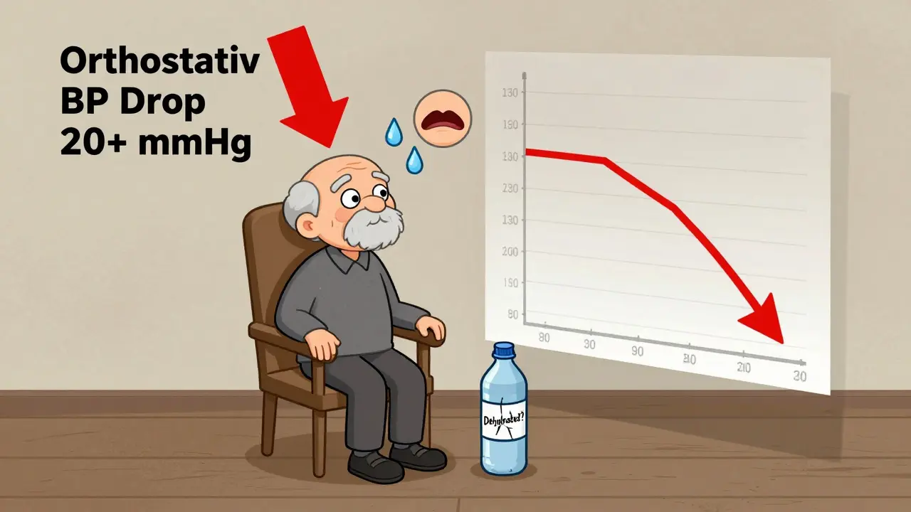 An elderly person experiencing dizziness upon standing, with a falling blood pressure graph and dehydration cues