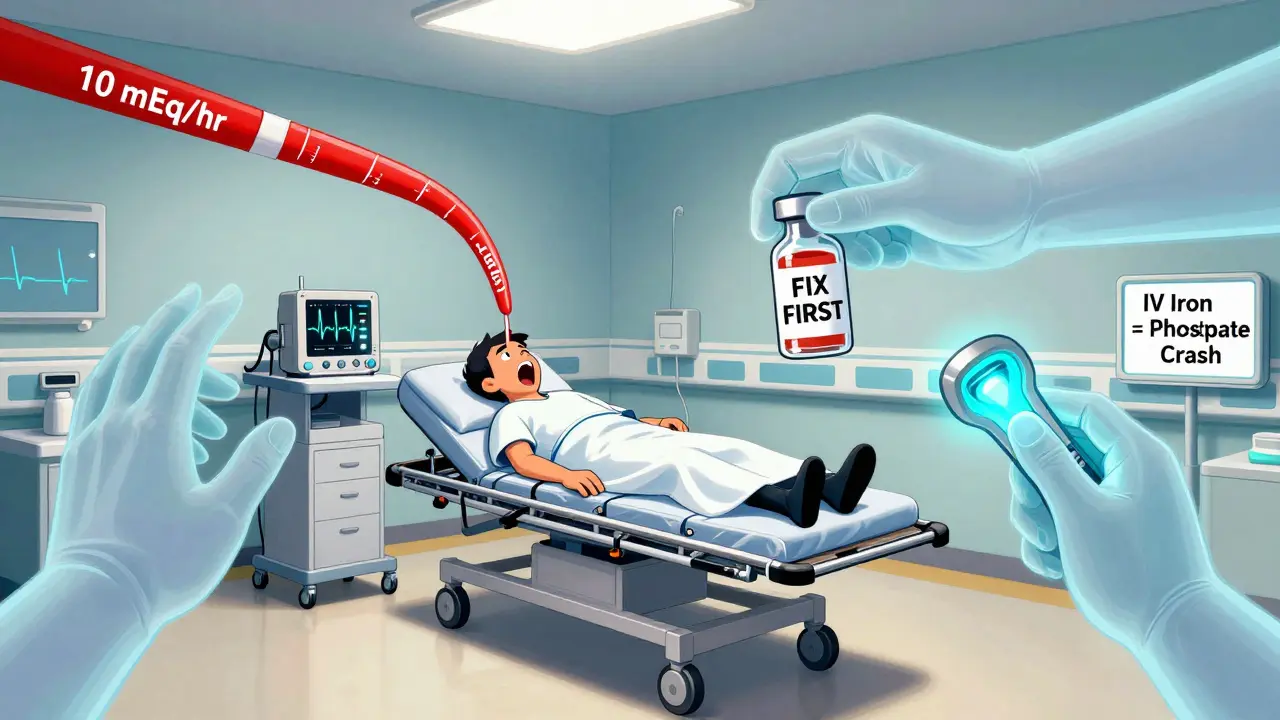 An ER scene with a patient on a gurney, ECG spikes, and three hands handling potassium, magnesium, and phosphate with warning labels.