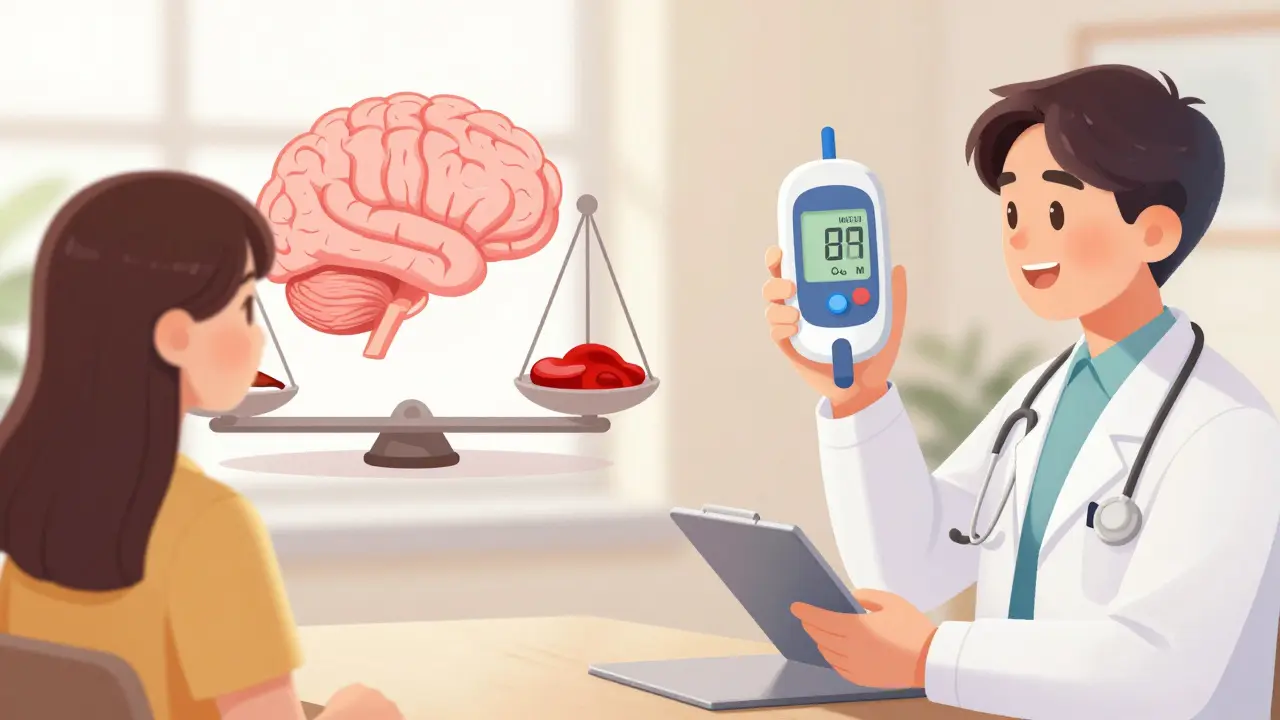 Doctor and patient discussing medication with brain and insulin analogies