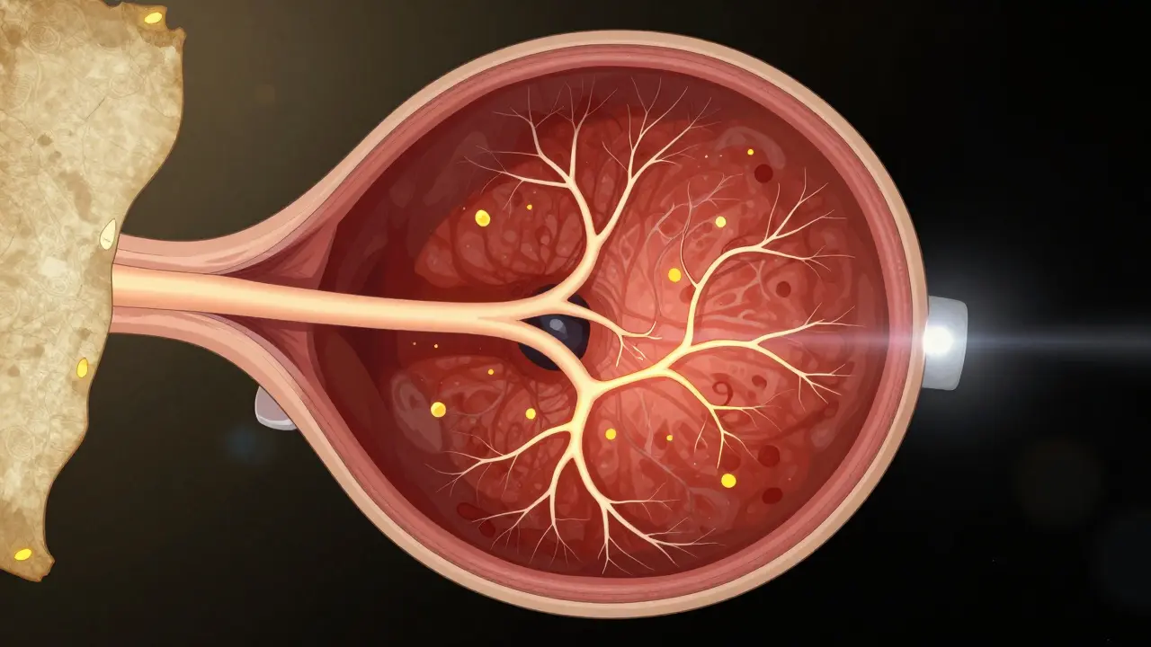 Fundus photograph of a retina with branching blood vessels and exudates, presented as an artistic illustration.