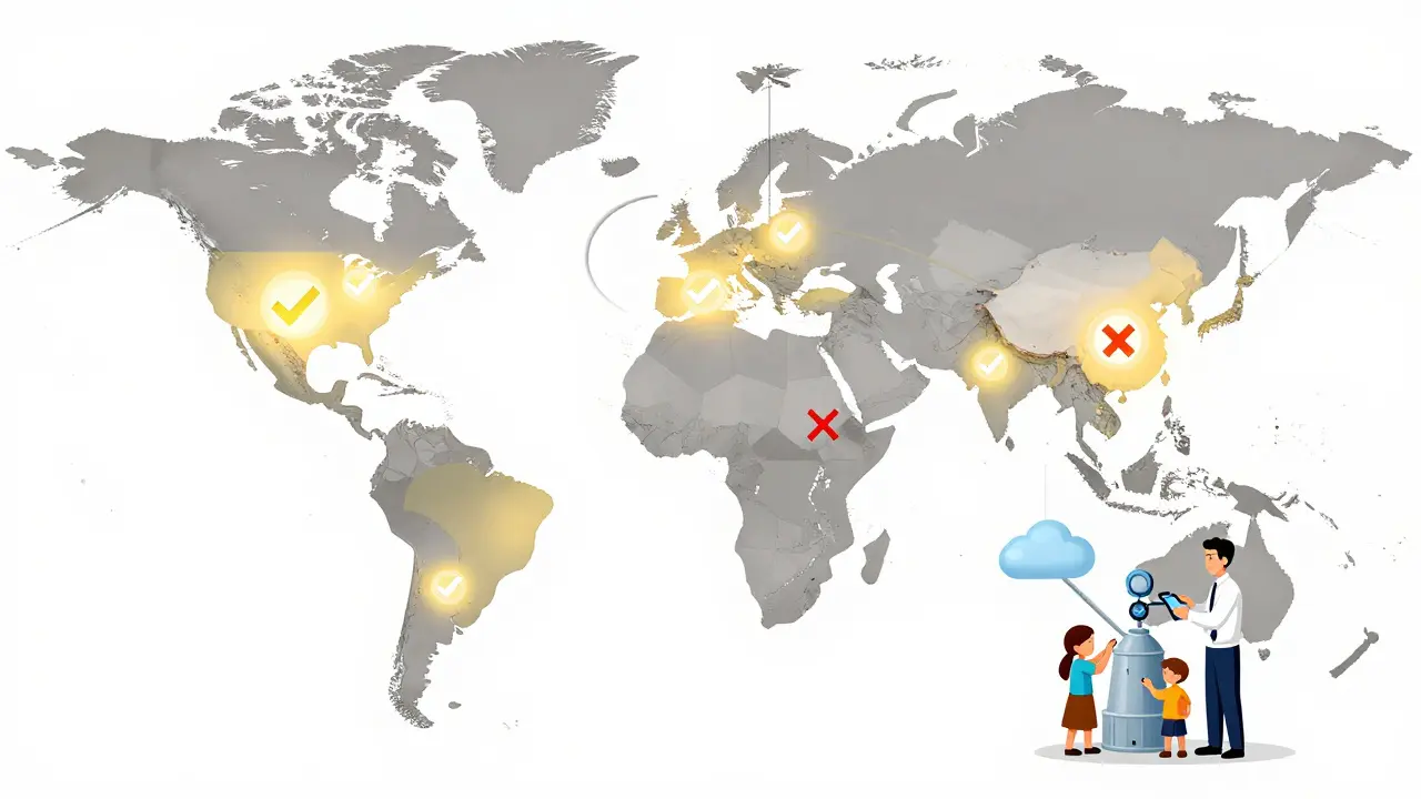 Global map showing FDA risk zones and compliant factories with digital monitoring systems for U.S. food exports.