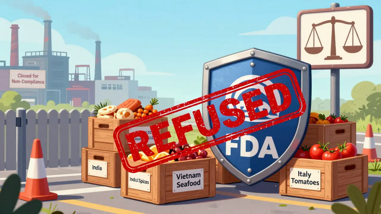 Imported food crates blocked at U.S. border with 'REFUSED' stamps, factory behind closed due to non-compliance.