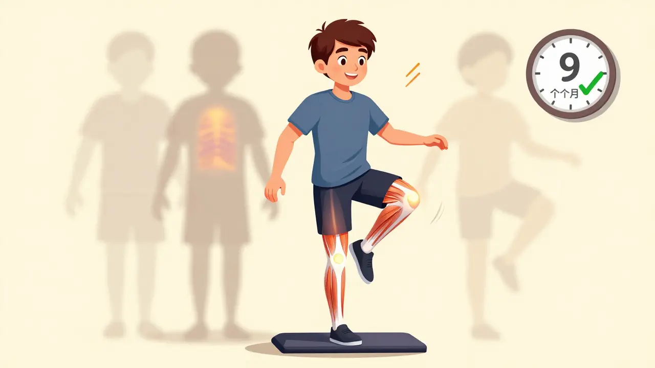 Patient doing balance therapy with glowing muscles and fading injury shadows in background.