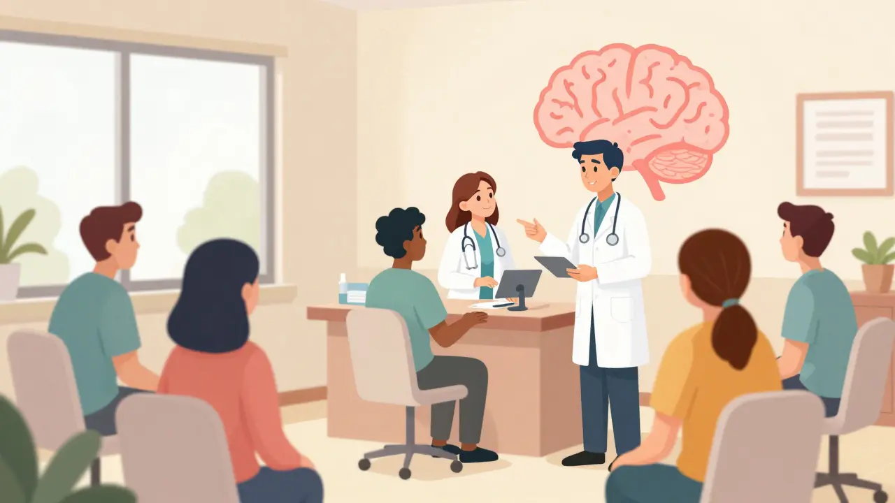 Primary care clinic integrating mental health into regular checkups with diverse patients