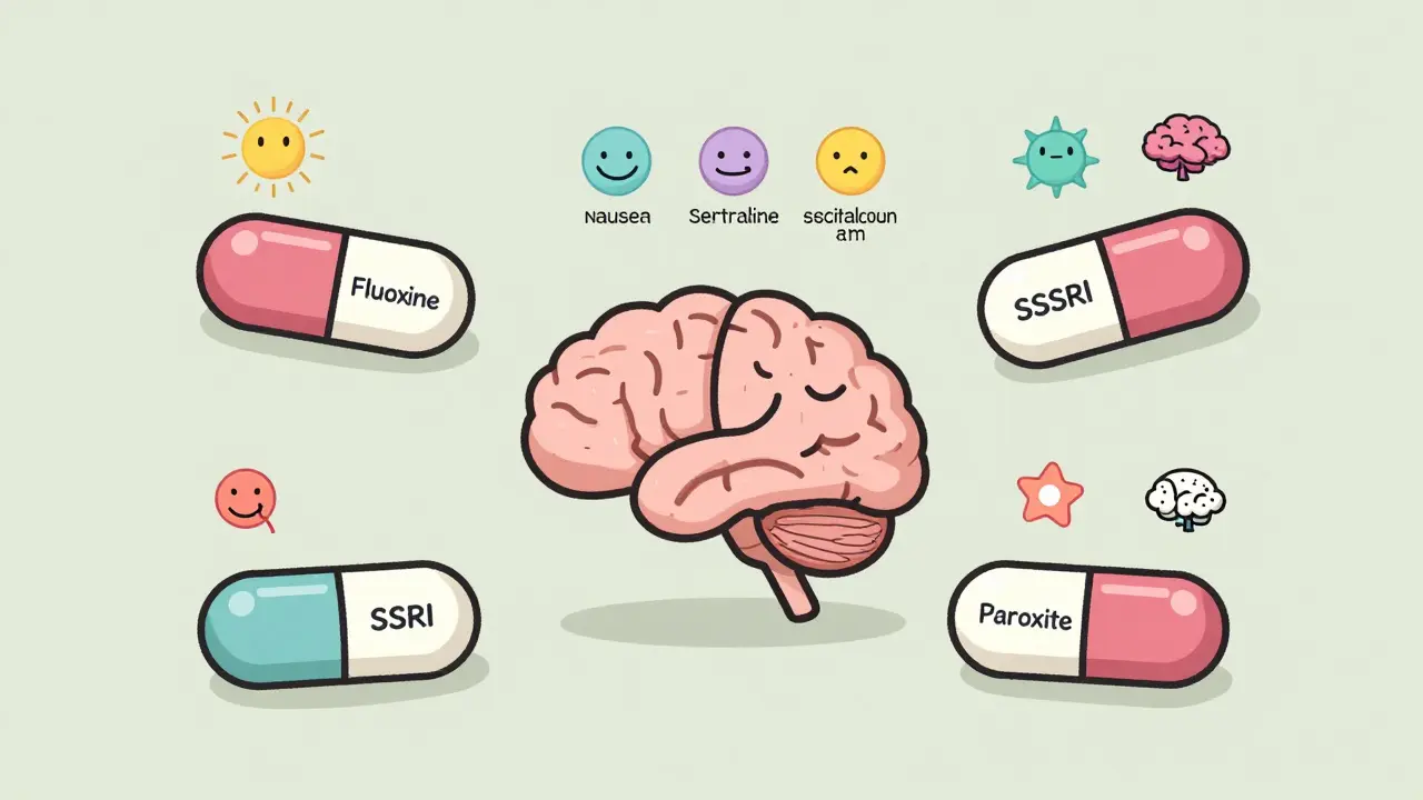 Six SSRI pills floating around a brain, each with visual icons representing common side effects like nausea, sleepiness, and emotional blunting.