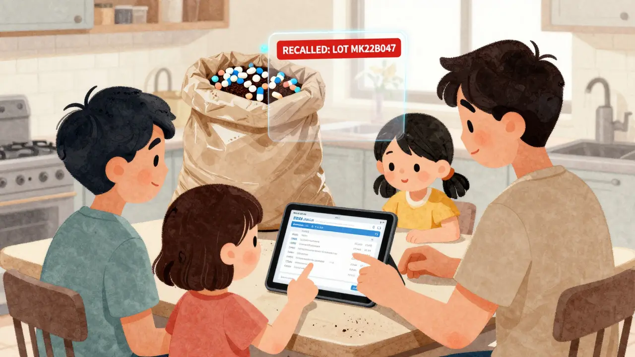 A family checks a medication lot number on a tablet for recalls, with a sealed disposal bag nearby.