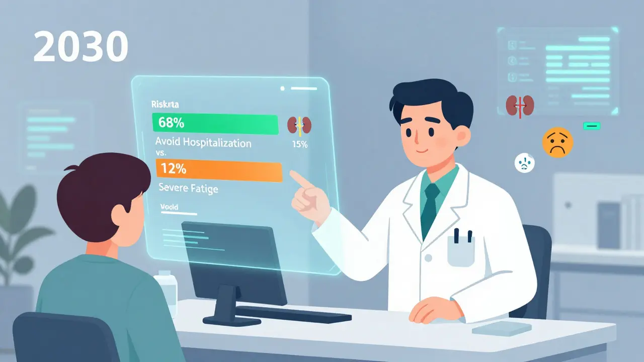 A futuristic doctor shows a patient a hologram of personalized medication risks and benefits using glowing health metrics.