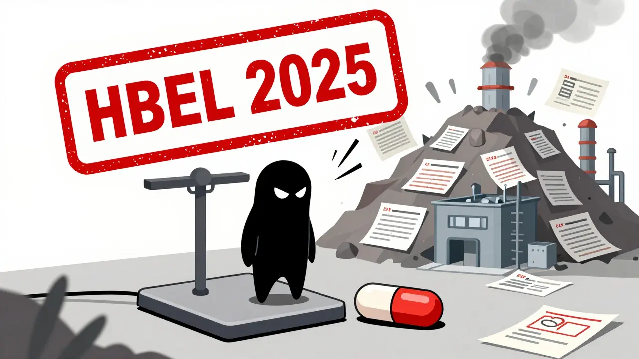 A nanogram of chemical residue looming over a pill, with regulatory HBEL 2025 stamp above a struggling factory.