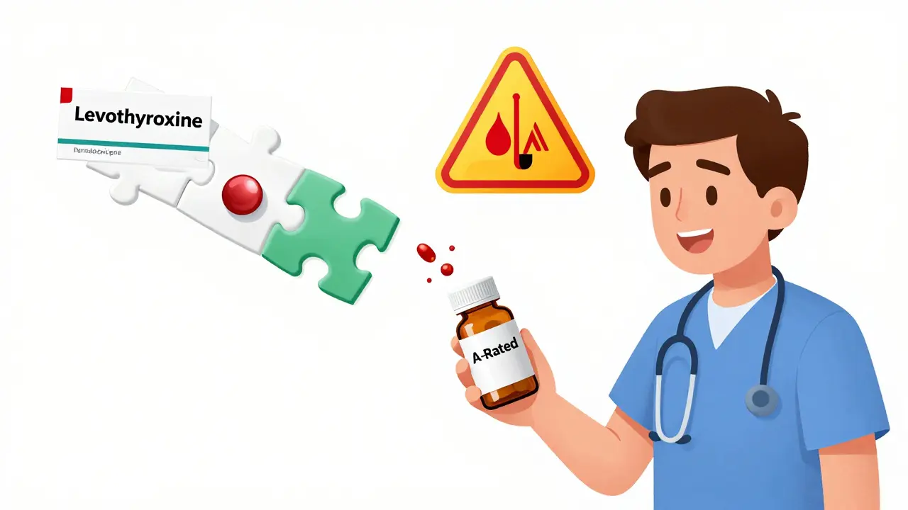 A patient holding a pill bottle while floating drug icons misalign, triggering warning signs for blood pressure and thyroid imbalance.