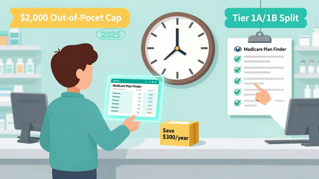 A person receiving a mail-order prescription while a hologram shows Medicare plan comparisons, with 2025 cost cap banners in background.