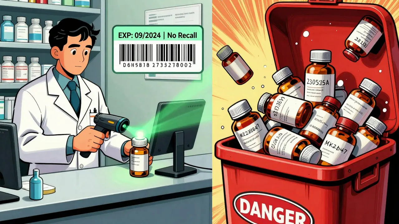 A pharmacist scans a medication while chaotic unlabeled bottles are discarded, showing contrast between accurate and mistaken practices.