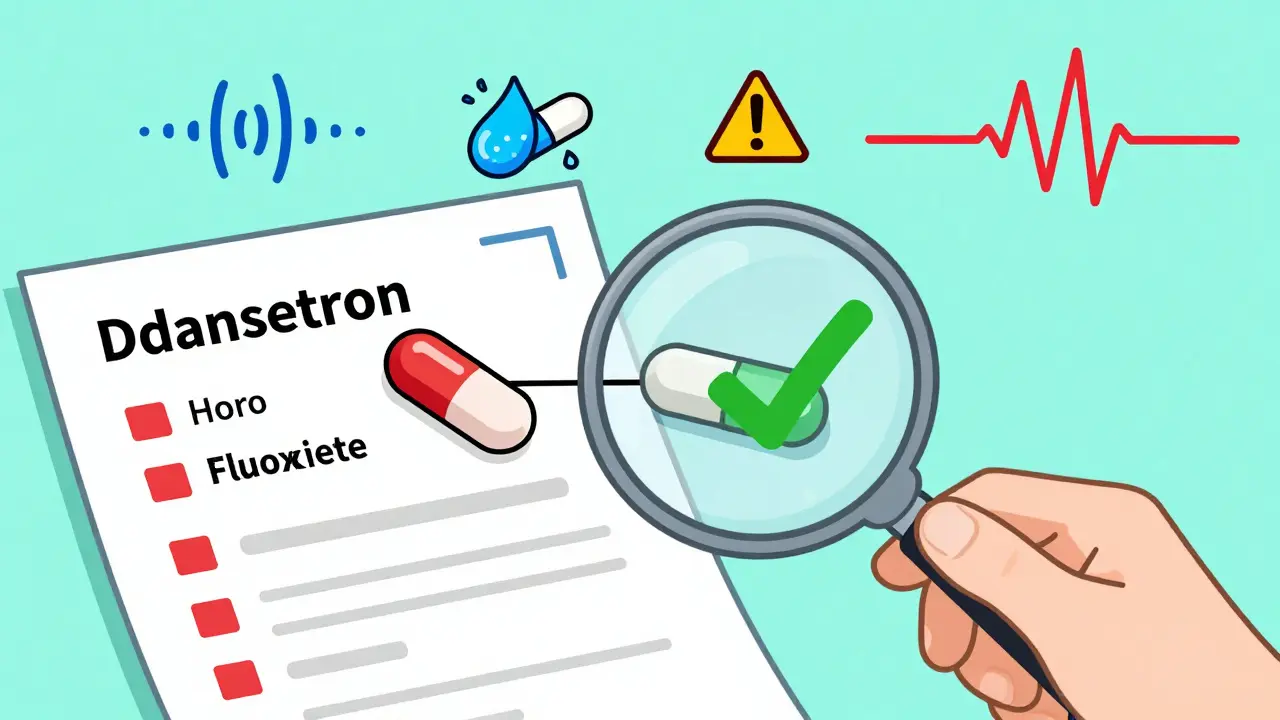 A pharmacist using a magnifying glass to reveal dangerous drug interactions, with warning flags and safer alternatives shown.