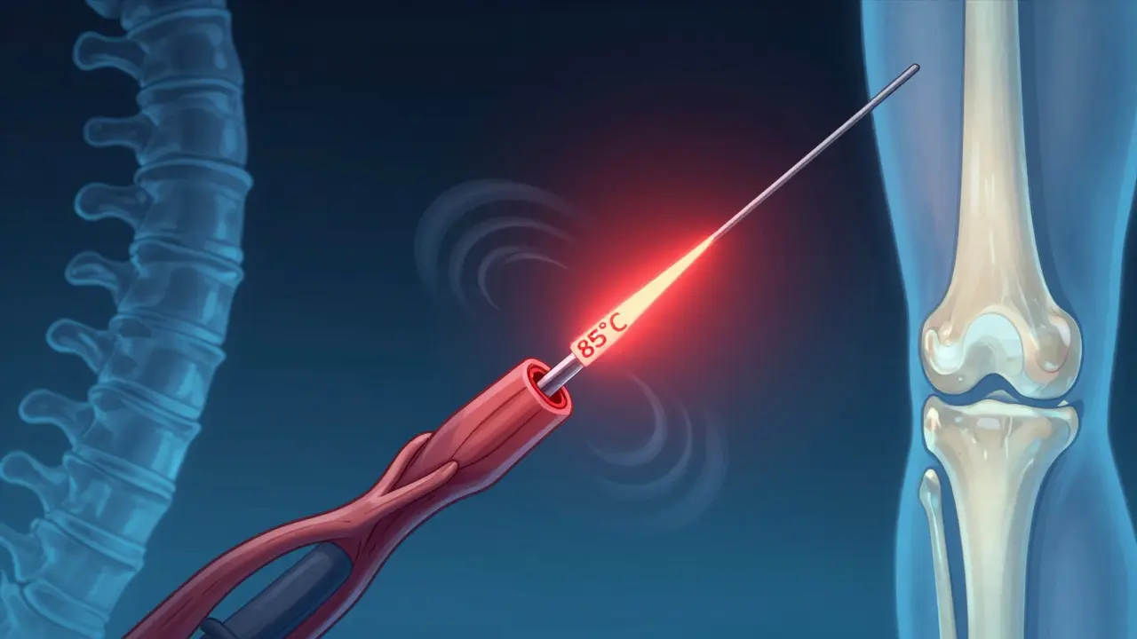 A radiofrequency ablation needle creating a precise heat lesion on a nerve, surrounded by spinal anatomy under cool medical light.