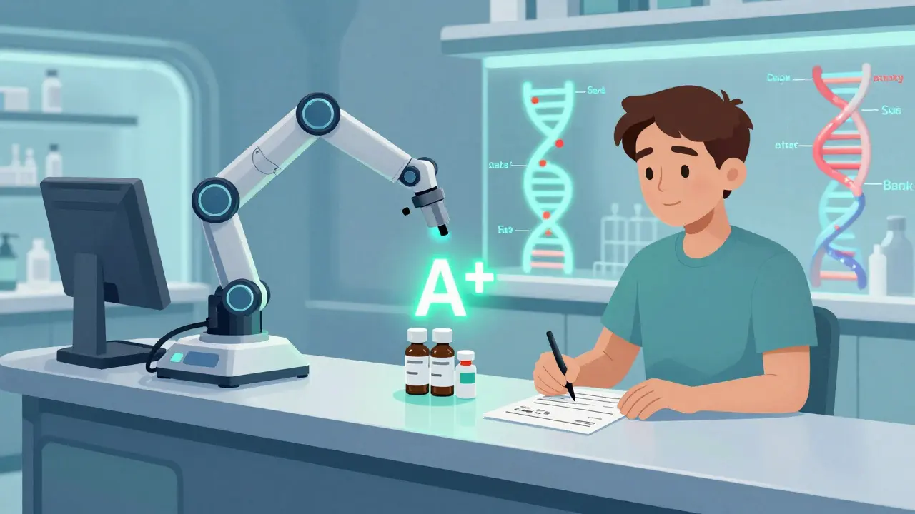 A robotic pharmacist scans a prescription as a DNA strand glows with risk markers, symbolizing personalized therapeutic equivalence in combination drugs.