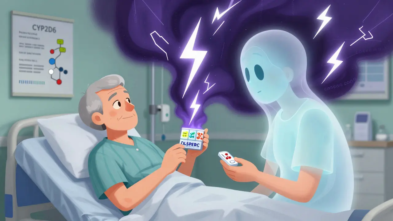 An elderly patient with a storm of serotonin symptoms swirling above them, surrounded by medical charts and genetic symbols.