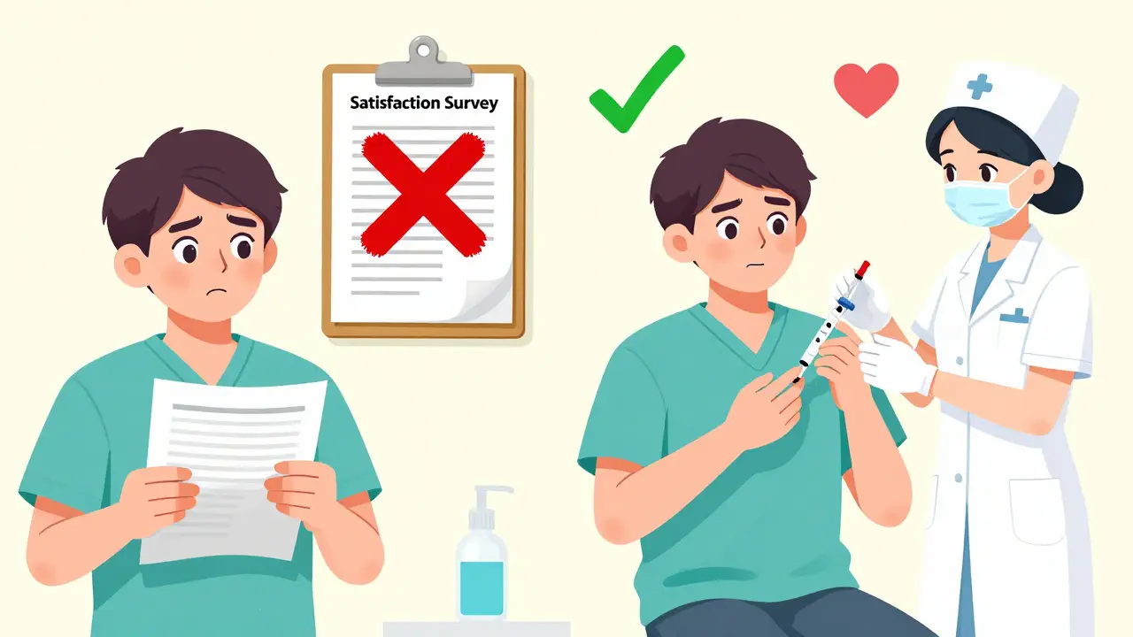 Contrast between empty pamphlet and confident patient demonstrating insulin use, showing true understanding.