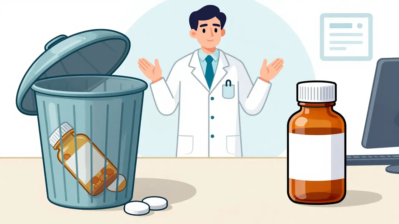 Illustration showing medicine disposal versus empty bottle warning.
