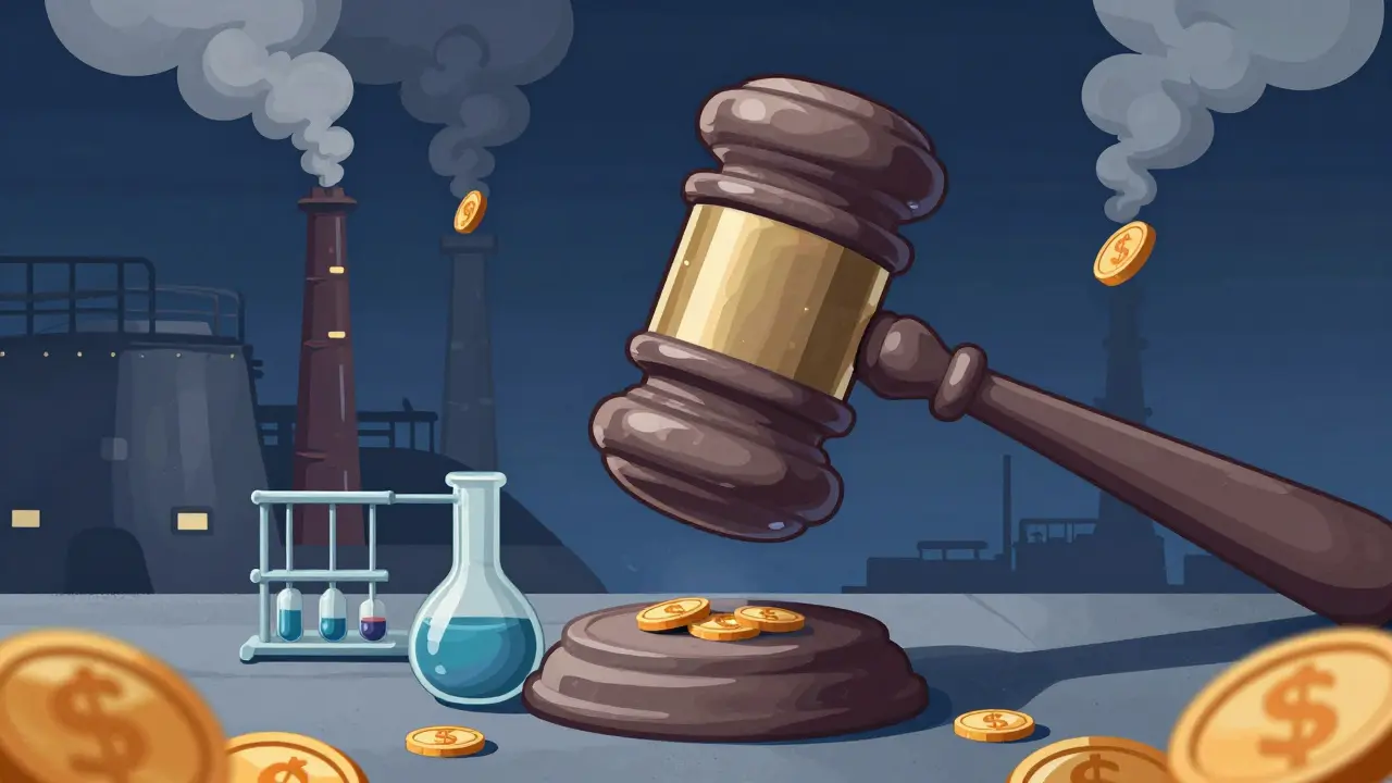 Large gavel pressing on lab flask with coin-shaped smoke from factory chimney.