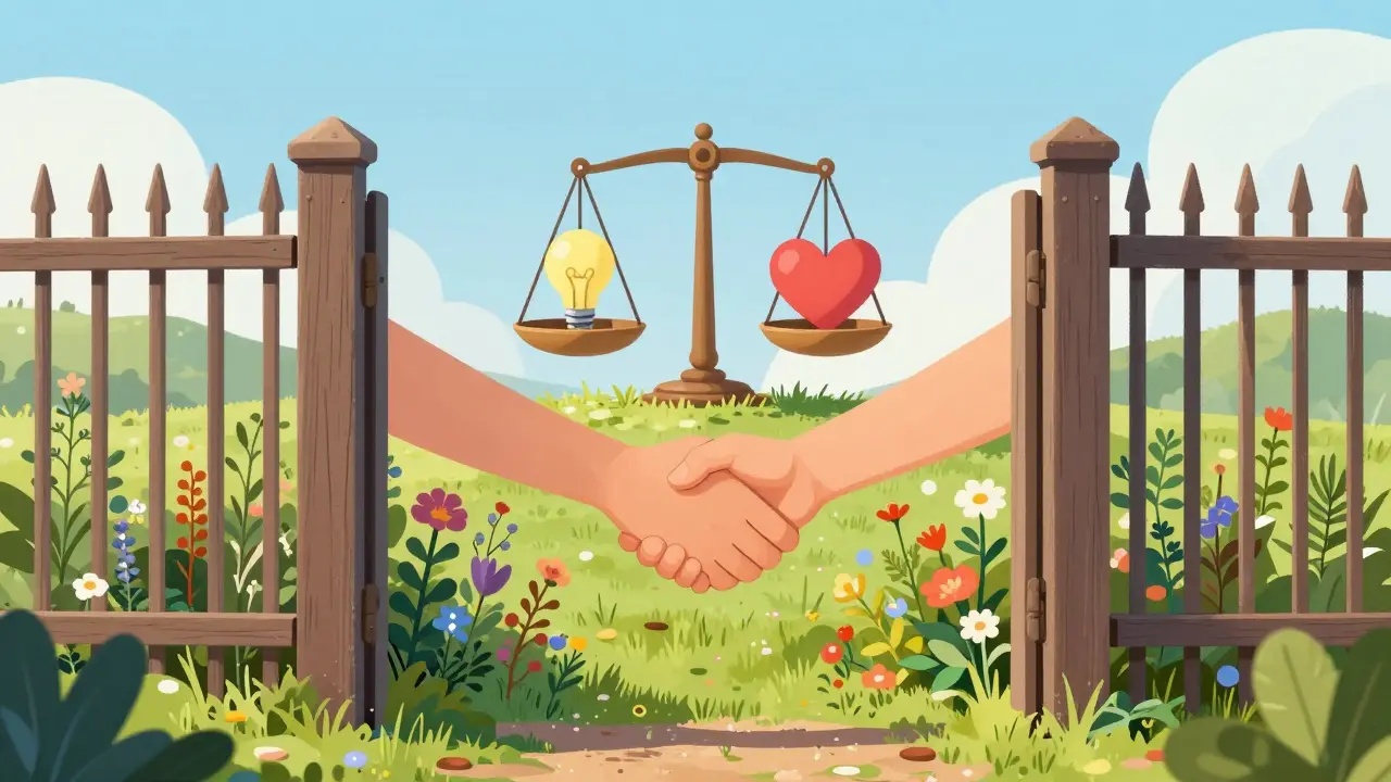 Open gate to healing herbs with scales holding lightbulb and heart symbolizing access.