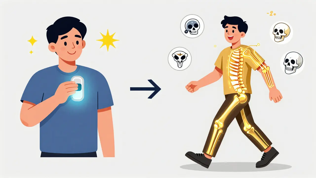 Side-by-side: temporary pain relief via switch vs. long-term relief via rewired circuit, with spine, knee, and skull icons.