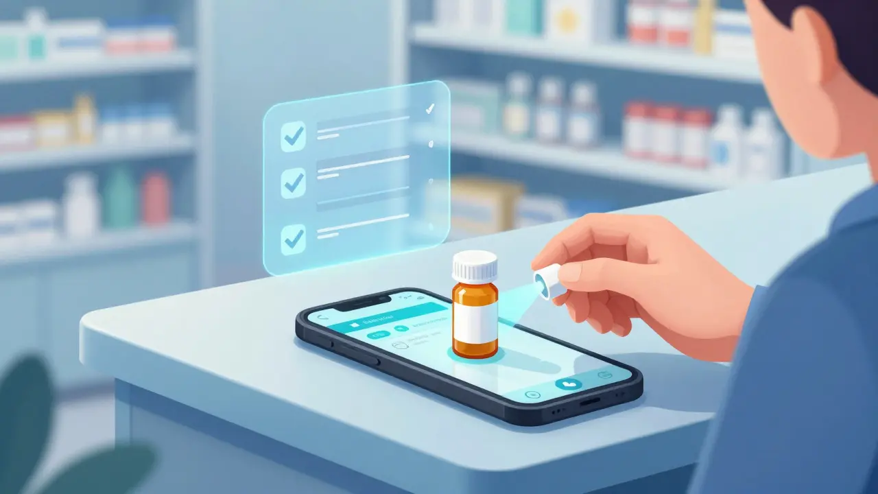 Smartphone scanning medicine bottle with digital holographic data.