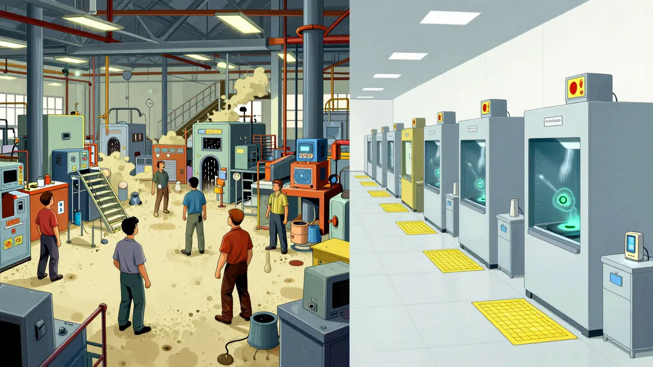 Split scene: chaotic factory vs. orderly cleanroom with color-coded equipment and real-time sensors.