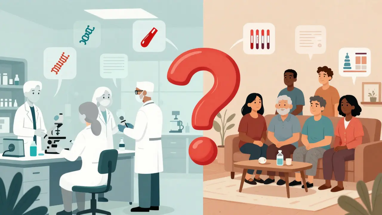 Split scene of clinical trial participants on one side and diverse real patients on the other, connected by floating health data icons.