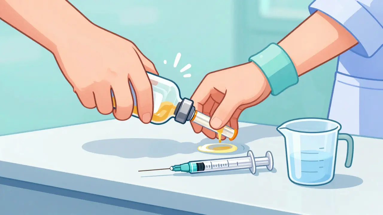 A hand shaking a medicine bottle next to an oral dosing syringe.