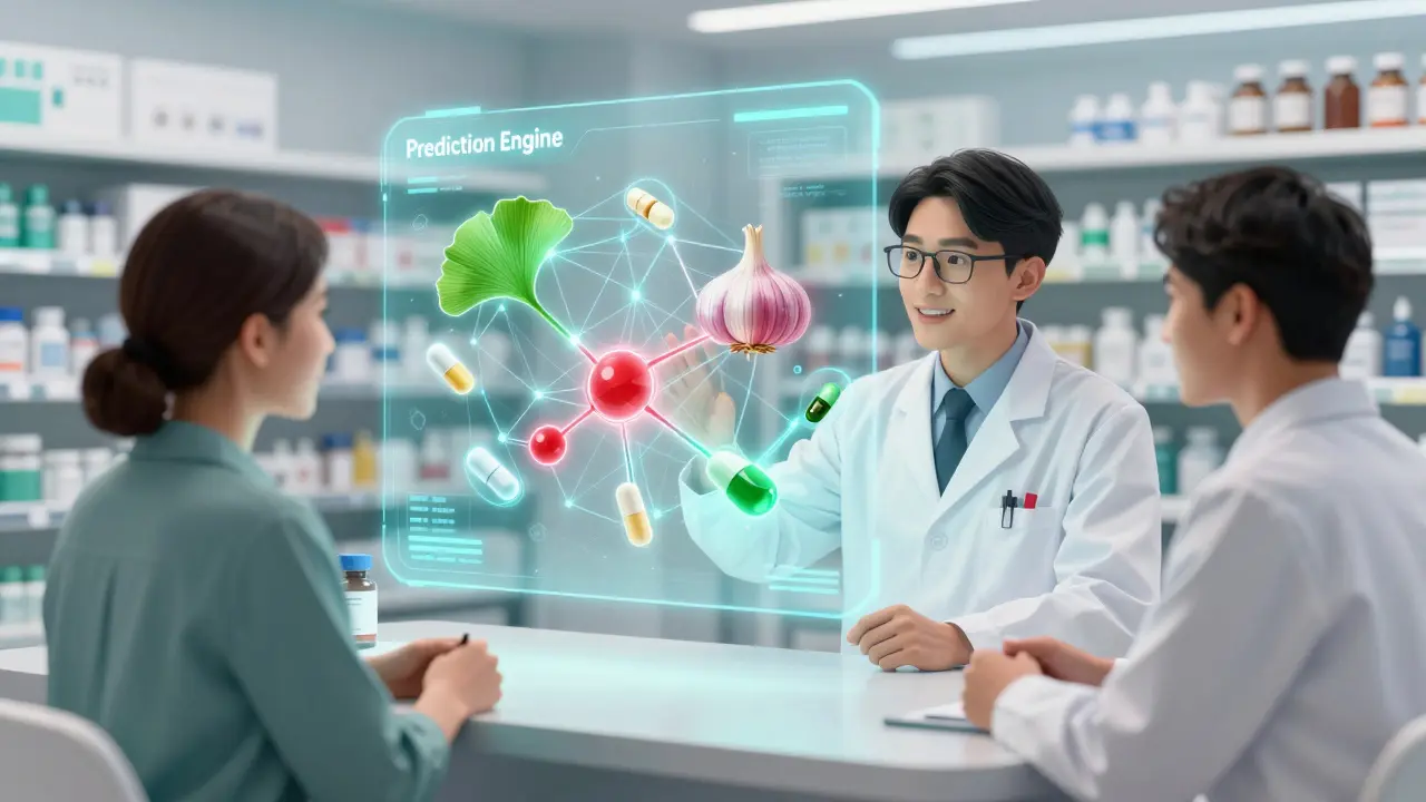 A pharmacist and patient viewing a holographic AI map of herbal and drug interactions in a futuristic pharmacy.
