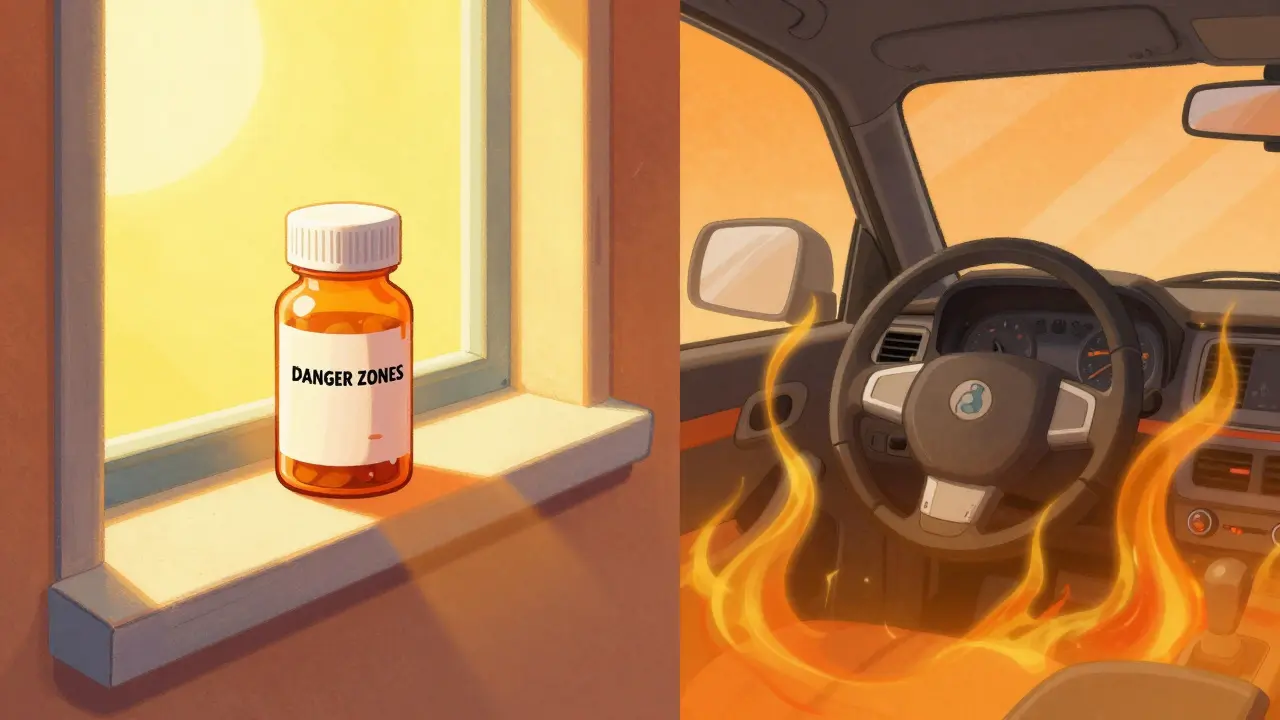 A split scene showing a medicine bottle in a hot car and on a sunny windowsill.