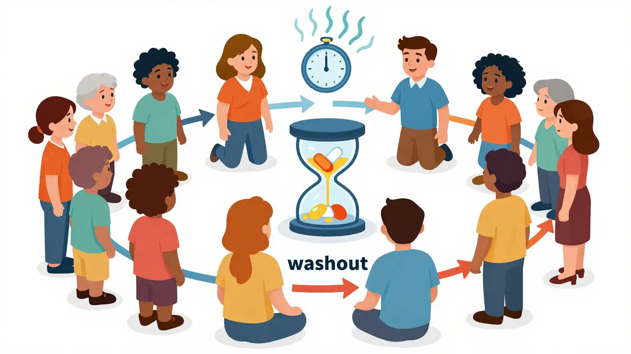 Conceptual diagram of volunteers in a crossover study swapping brand and generic drugs.