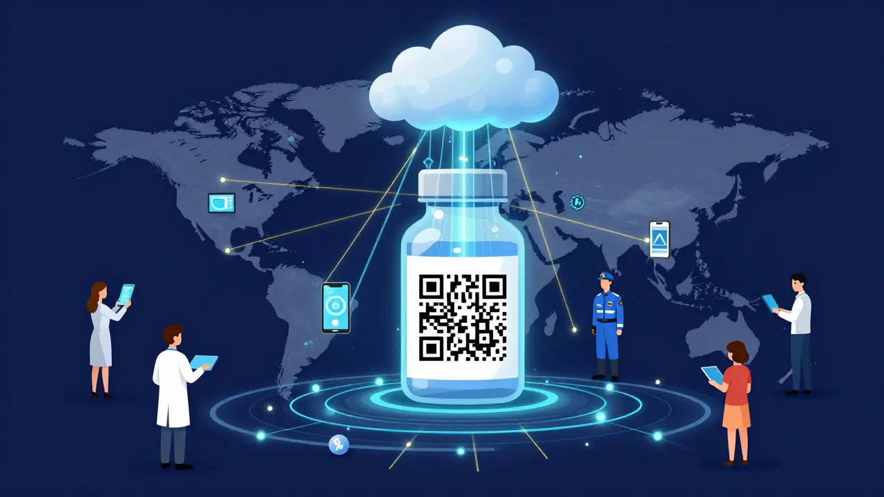 Digital data streams connecting a medicine bottle QR code to a global network of healthcare providers